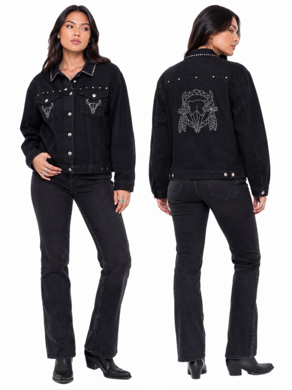 Y2K Vintage Midnight Velvet Studded Cow Skull Denim Western Jacket Black Size S